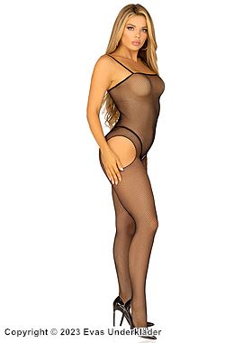 Bodystocking mit Strapsen, kleines Netz, offener Schritt, ärmellos